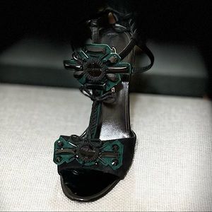 Oscar de la Renta Emerald and Black Sandal Heels